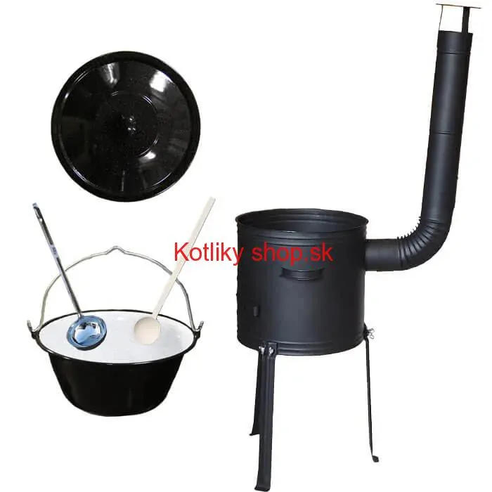 Smaltovaný kotlík 20 L + kovová kotlina s vysokými nožičkami 42 cm, žiaruvzdorná farba Plus 700 + vareška a naberačka