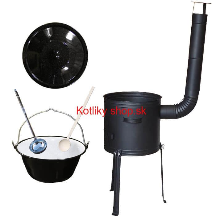 Smaltovaný kotlík 25 L + kovová kotlina s vysokými nožičkami 42 cm, žiaruvzdorná farba Plus 700 + vareška a naberačka