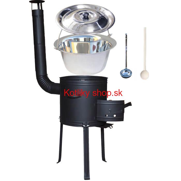 Antikorový kotlík 22 L (0,8 mm) + kovová kotlina s vysokými nožičkami 42 cm, žiaruvzdorná farba Plus 700 + vareška a naberačka