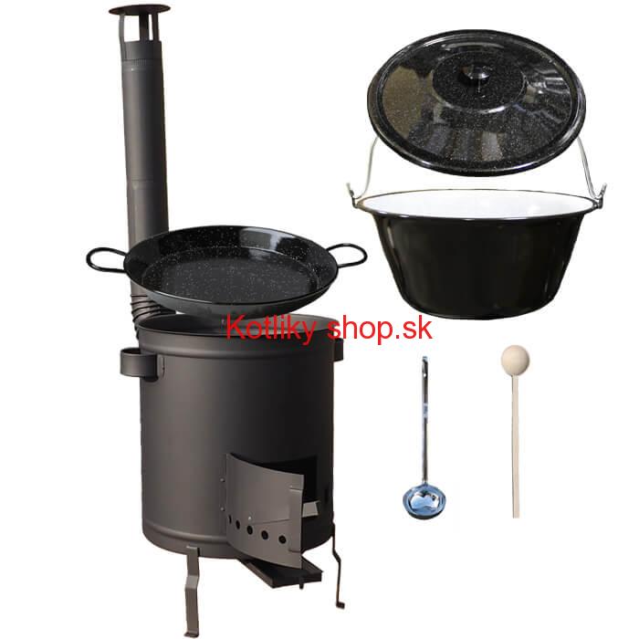 Smaltovaný kotlík 13 L (1,2 mm) + Paella panvica 38 cm + hrubostenná (1,5 mm) žiaruvzdorná kotlina (1,5 mm) 36 PLUS 600