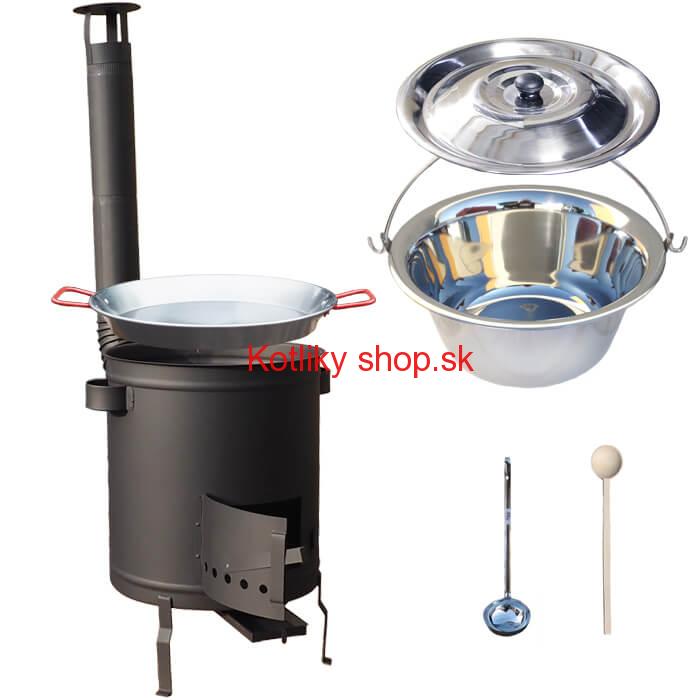 Nerezový kotlík 14 L (0,8 mm) + Paella panvica 38 cm + hrubostenná (1,5 mm) žiaruvzdorná kotlina (1,5 mm) 36 PLUS 600