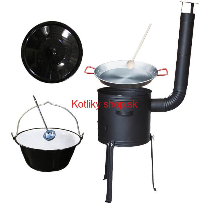 Smaltovaný kotlík 13 L (1,2 mm) + Paella panvica 38 cm + kotlina s vysokými nožičkami 36 cm, žiaruvzdorná farba Plus 700