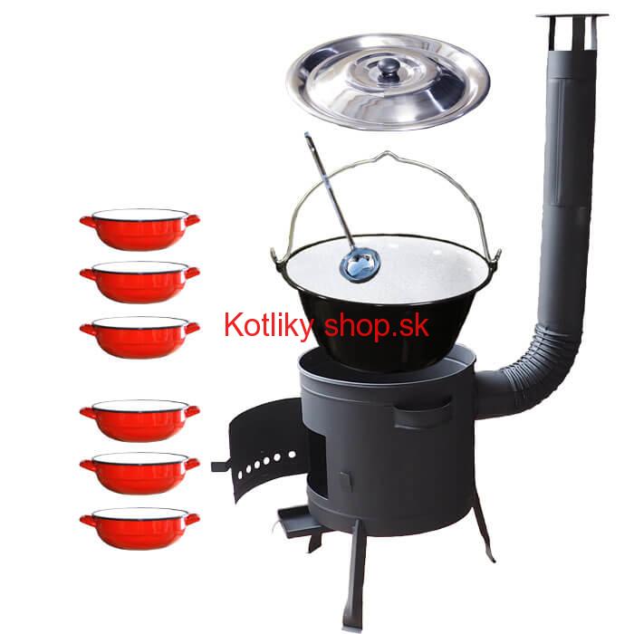 Smaltovaný kotlík 13 L + selské misky 6 ks + nízka žiaruvzdorná kotlina 36 cm PLUS 600