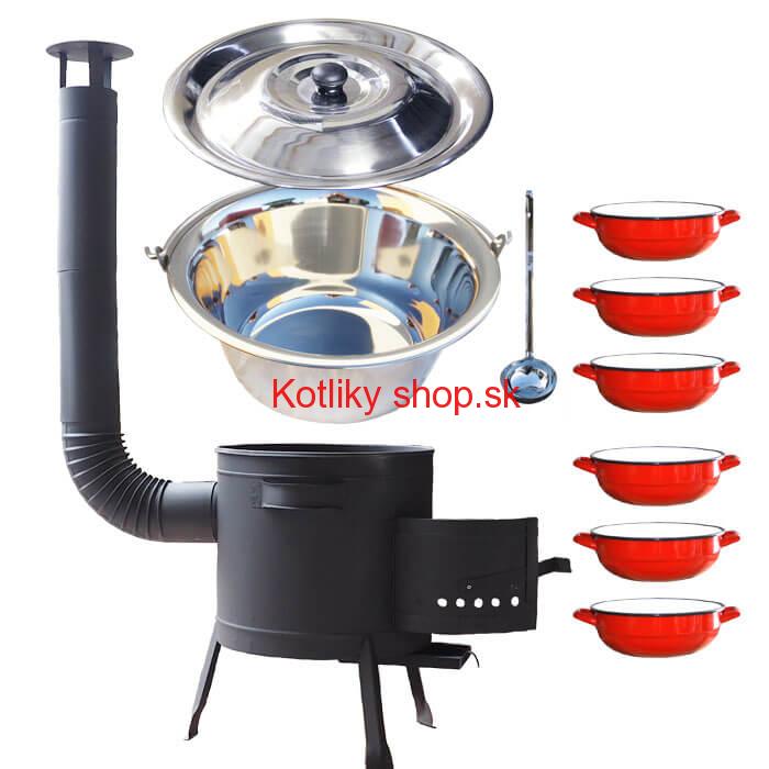 Nerezový kotlík 20 L (1,2 mm) INOX + selské misky 6 ks + nízka žiaruvzdorná kotlina 42 cm PLUS 600