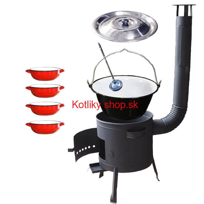 Smaltovaný kotlík 20 L + selské misky 4 ks + nízka žiaruvzdorná kotlina 42 cm PLUS 600