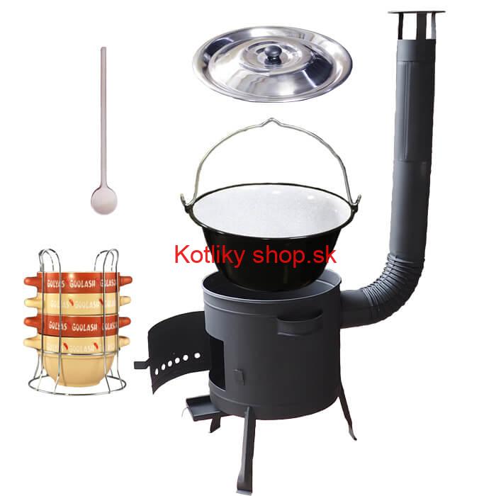 Smaltovaný kotlík 25 L (1,2 mm) + misky na guláš 4 ks + nízka žiaruvzdorná kotlina 42 PLUS 600
