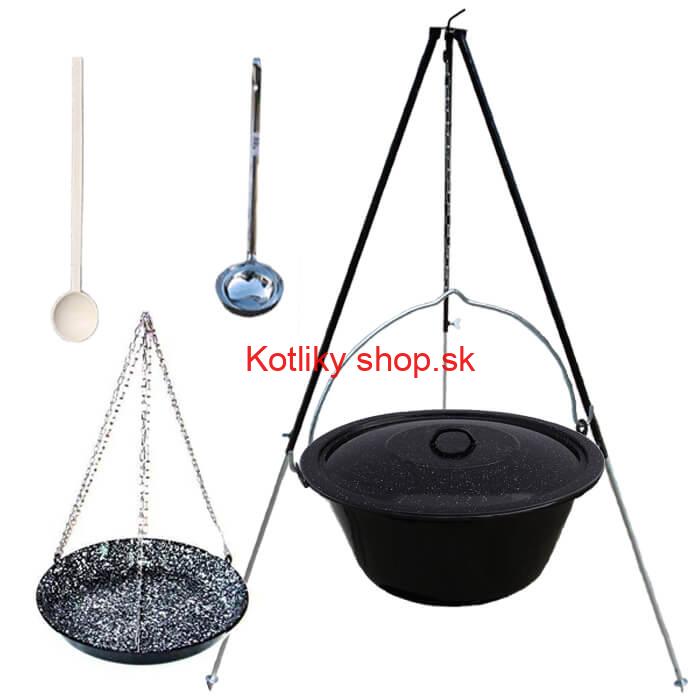 Smaltovaný kotlík 30 L + panvica na grilovanie + teleskopická trojnožka