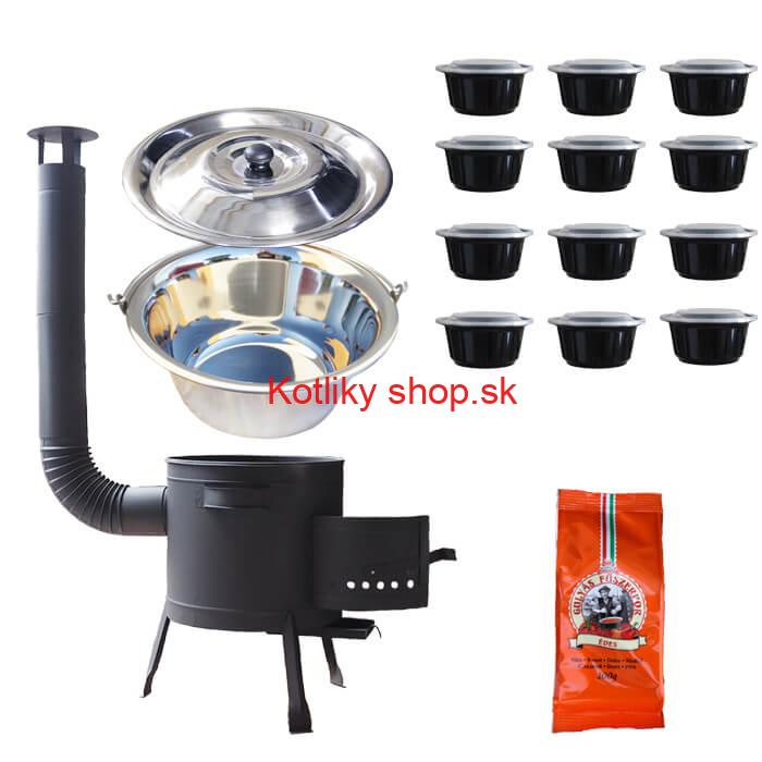 Nerezový kotlík 22 L (0,8 mm) + korenie na guláš 100 g + misky 12 ks + nízka žiaruvzdorná kotlina (0,8 mm) 42 PLUS 600