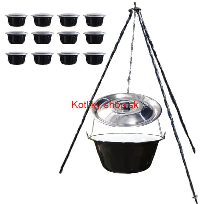 Smaltovaný kotlík 10 L + pokrievka + stojan + misky 12 ks