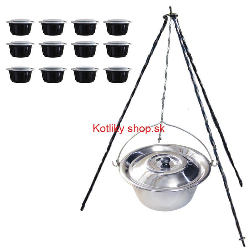Nerezový kotlík 14 L (0,8 mm) + antikorová pokrievka + stojan + misky 12 ks