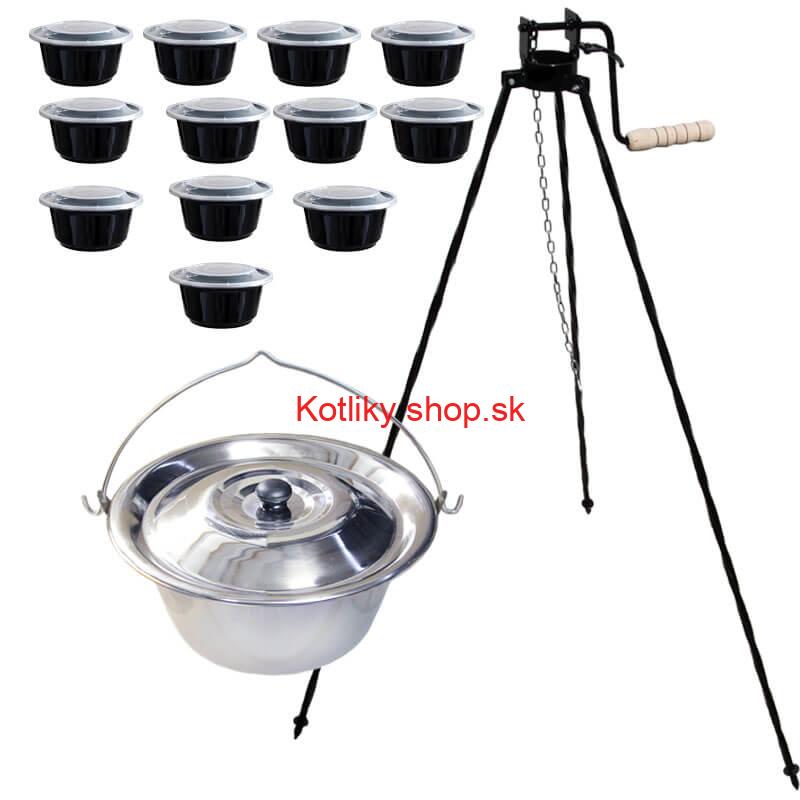 Nerezový kotlík 14 L (0,8 mm) INOX+ stojan s kladkou VAR + misky 12 ks