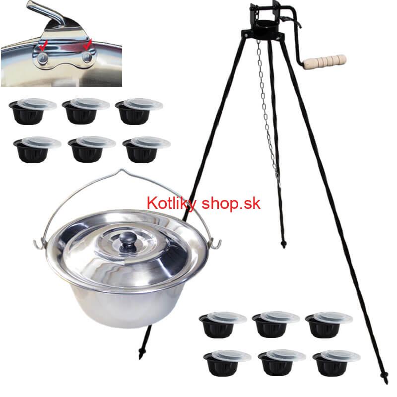 Antikorový kotlík 15 L (0,8 mm) s nitmi + stojan s kladkou VAR + misky 12 ks