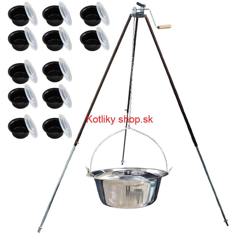 Antikorový kotlík 20 L (1,2 mm) + teleskopická trojnožka s poistnou kladkou + misky 12 ks