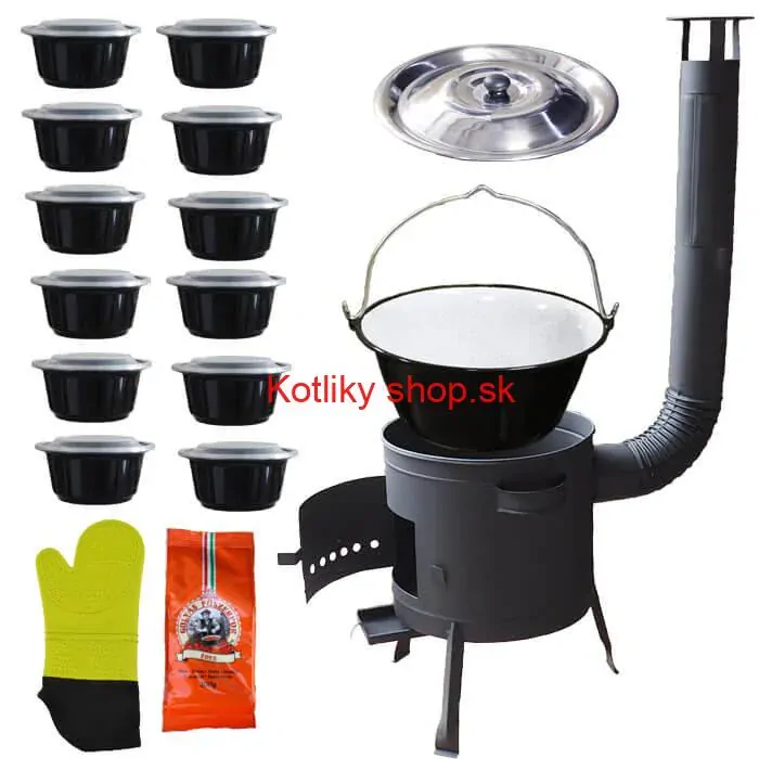 Smaltovaný kotlík 22 L (1,2 mm) + misky 12 ks + nízka žiaruvzdorná kotlina (1,5 mm) 42 PLUS 600