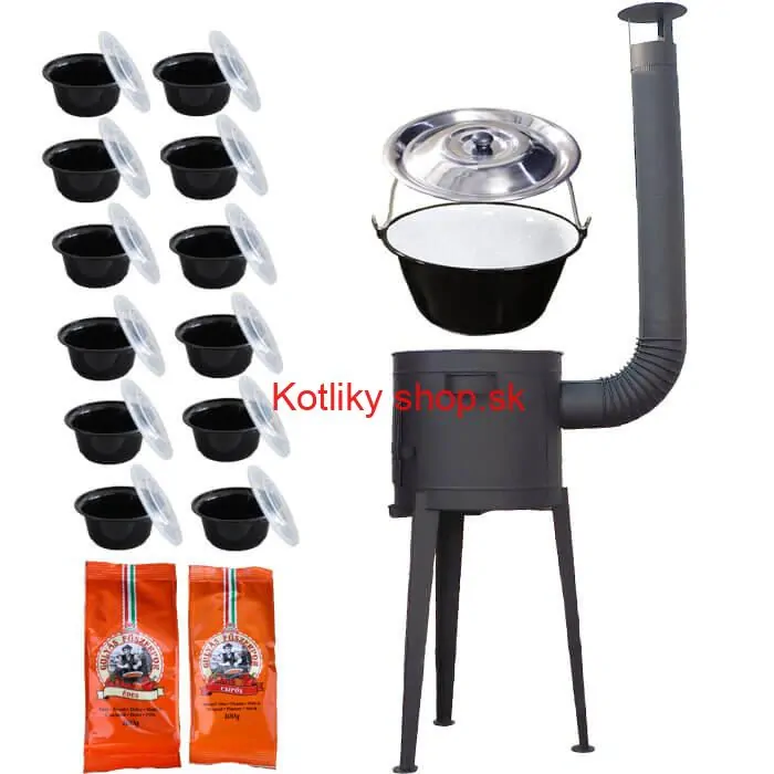 Smaltovaný kotlík 22 L (1,2 mm) + vysoká žiaruvzdorná kotlina (1,5 mm) HODO 42 cm PLUS 600 + misky 12 ks + 2 x korenie na guláš 100 g