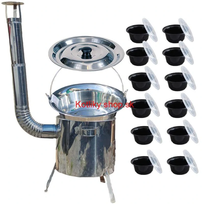 Nerezový kotlík 14 L (0,8 mm) INOX + Nerezová kotlina 36 INOX LUSTRO + misky 12 ks