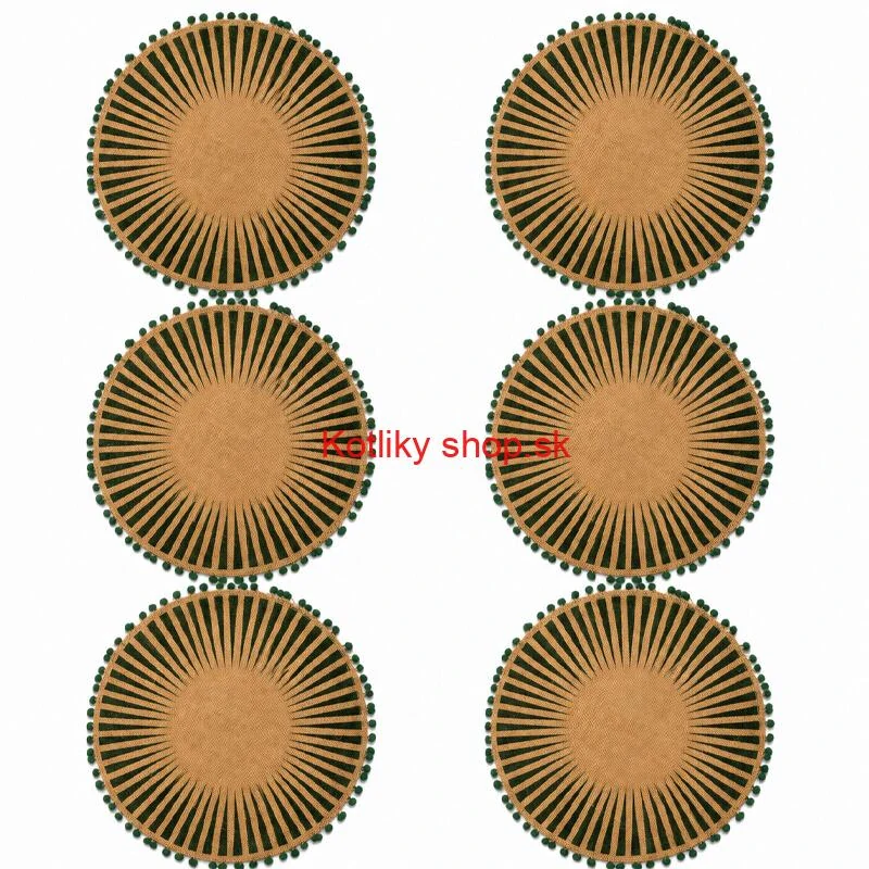 Okrúhle jutové podložky pod tanier zelené s pompónmi 37 cm, 6 ks