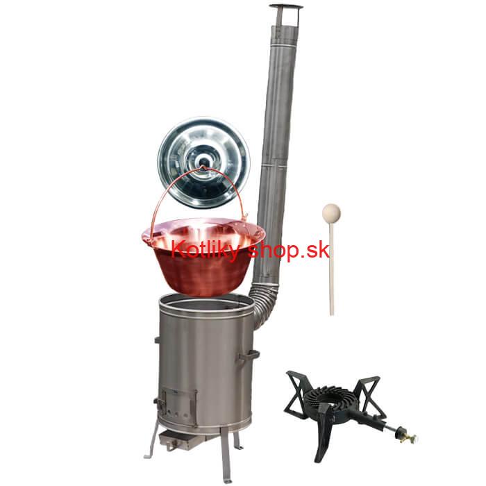 Medený kotlík 10 L (1,2 mm) + nerezová kotlina 36 cm + liatinový horák 7 kW, vareška LUX