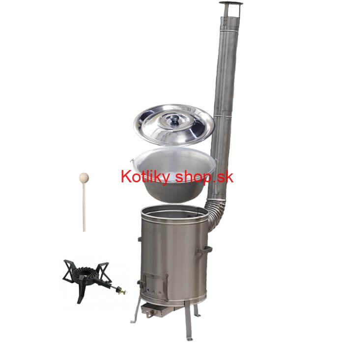 Nerezový kotlík 15 L (1,5 mm) + nerezová kotlina 36 cm + liatinový horák 7 kW, vareška LUX