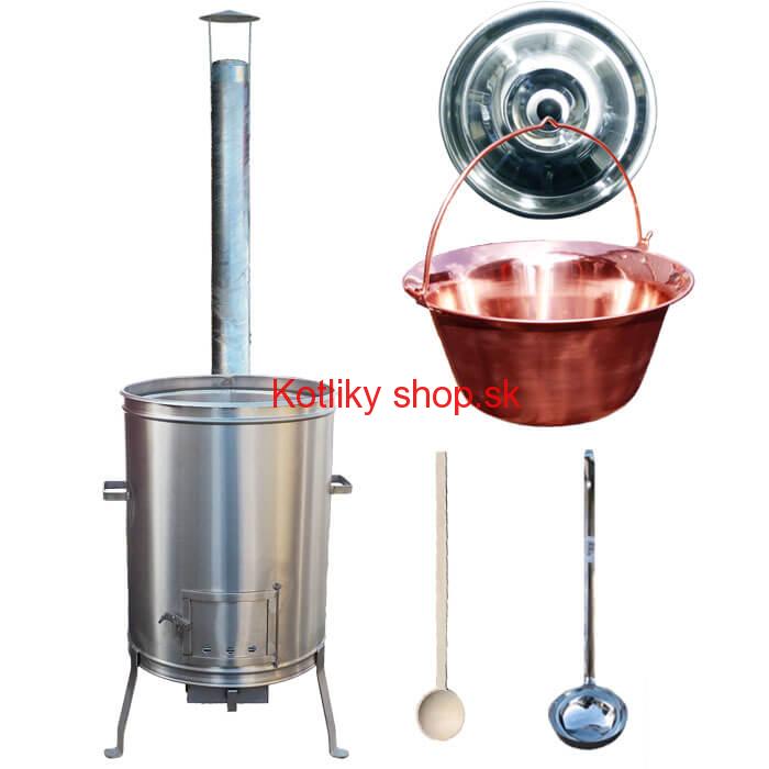 Medený kotlík 30 L (1,2 mm) + nerezová kotlina 45 cm + vareška a naberačka LUX