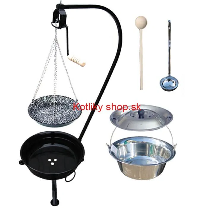 Nerezový kotlík 20 L (1,2 mm) INOX + smaltovaná panvica + ohnisko so stojanom a s poistnou kladkou VAR