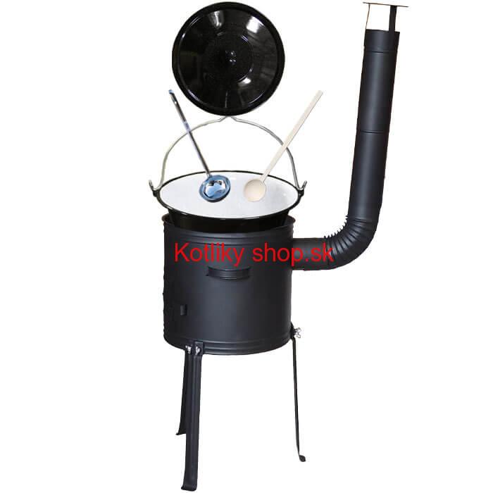 Smaltovaný kotlík 30 L + kovová kotlina s vysokými nožičkami 42 cm + vareška a naberačka