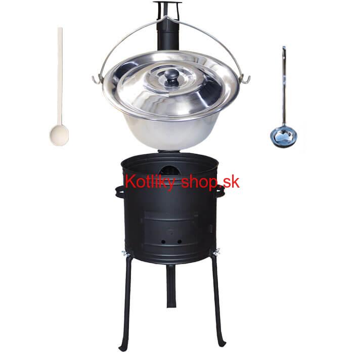 Antikorový kotlík 14 L (0,8 mm) + kovová kotlina s vysokými nožičkami 36 cm + vareška a naberačka