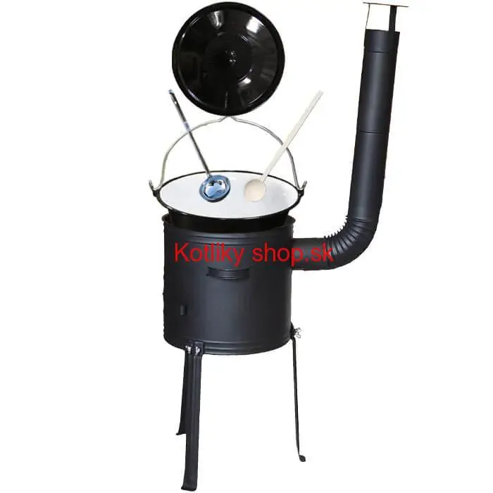 Smaltovaný kotlík 20 L + kovová kotlina s vysokými nožičkami 42 cm, žiaruvzdorná farba Plus 700 + vareška a naberačka