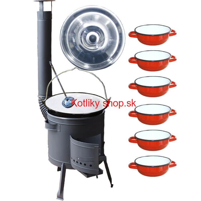 Smaltovaný kotlík 13 L + selské misky 6 ks + nízka žiaruvzdorná kotlina 36 cm PLUS 600