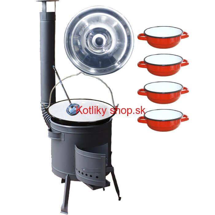 Smaltovaný kotlík 20 L + selské misky 4 ks + nízka žiaruvzdorná kotlina 42 cm PLUS 600