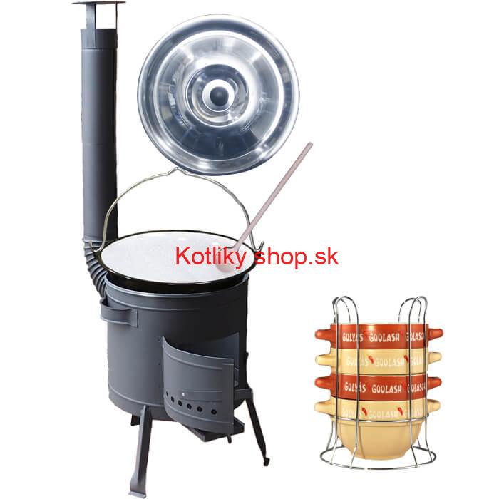 Smaltovaný kotlík 25 L (1,2 mm) + misky na guláš 4 ks + nízka žiaruvzdorná kotlina 42 PLUS 600