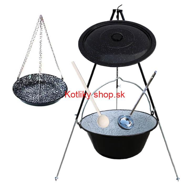 Smaltovaný kotlík 30 L + panvica na grilovanie + teleskopická trojnožka
