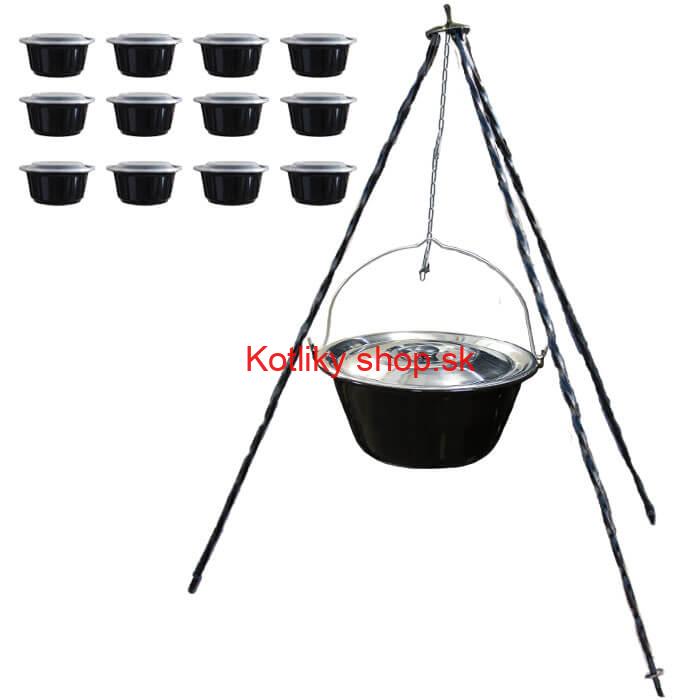 Smaltovaný kotlík 10 L + pokrievka + stojan + misky 12 ks