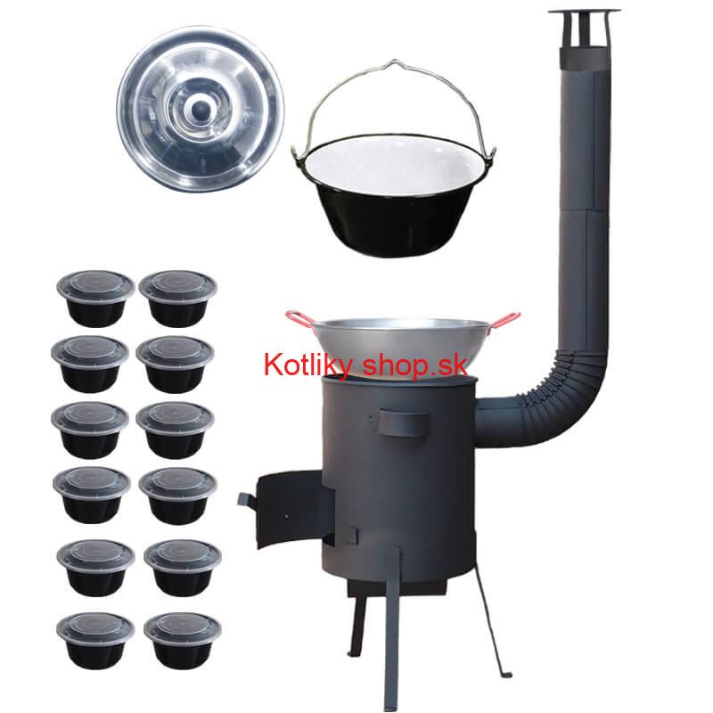 Smaltovaný kotlík 22 L + Panvica PAELLA (WOK) 45 cm + misky 12 ks + žiaruvzdorná kotlina 42 PLUS 600 s roštom na popol 4 mm