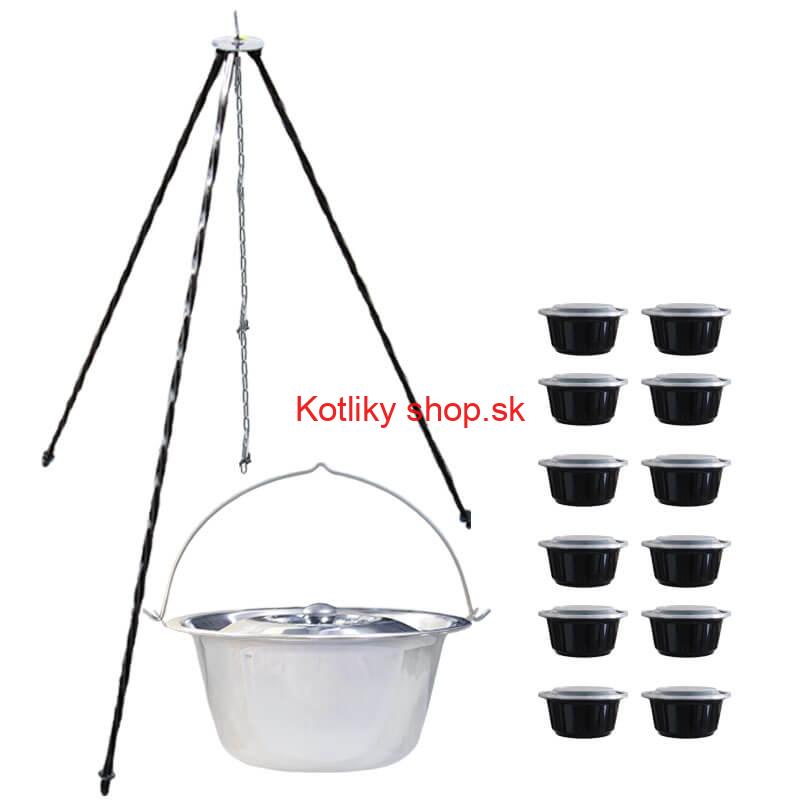 Nerezový kotlík 10 L (0,8 mm) + antikorová pokrievka + stojan + misky 12 ks