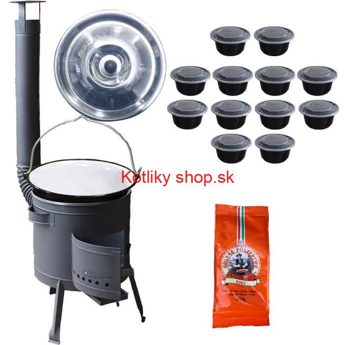 Smaltovaný kotlík 20 L (1,2 mm) + pokrievka + misky 12 ks + nízka žiaruvzdorná kotlina (0,8 mm) 42 PLUS 600