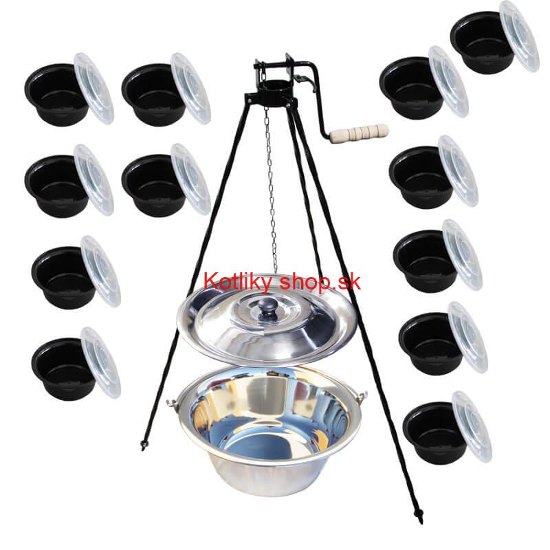 Nerezový kotlík 20 L (0,8 mm) + stojan s kladkou VAR + misky 12 ks