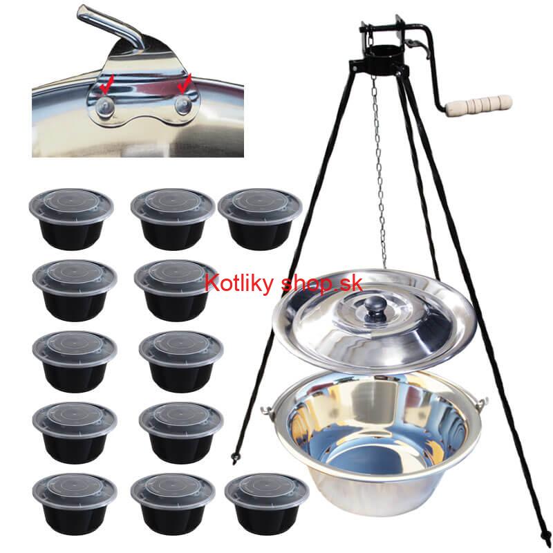 Antikorový kotlík 15 L (0,8 mm) s nitmi + stojan s kladkou VAR + misky 12 ks