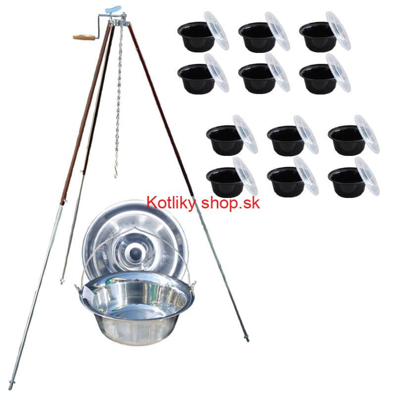 Antikorový kotlík 30 L (1,2 mm) + teleskopická trojnožka s poistnou kladkou + misky 12 ks