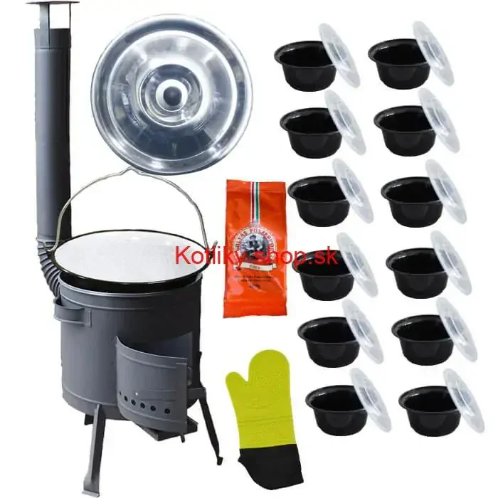 Smaltovaný kotlík 22 L (1,2 mm) + misky 12 ks + nízka žiaruvzdorná kotlina (0,8 mm) 42 PLUS 600