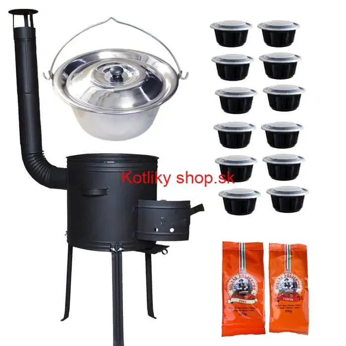 Nerezový kotlík 22 L (0,8 mm) INOX + žiaruvzdorná kotlina 42 cm Plus 700 + misky 12 ks + 2 x korenie na guláš 100 g