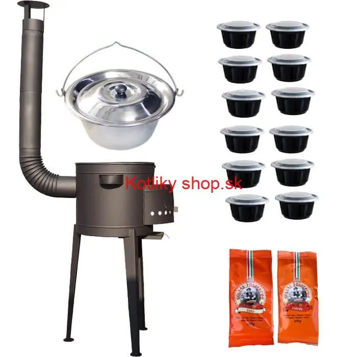 Nerezový kotlík 22 L (0,8 mm) INOX + vysoká žiaruvzdorná kotlina (2,0 mm) HODO 42 cm PLUS 600 + misky 12 ks + 2 x korenie na guláš 100 g