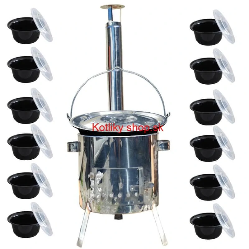 Smaltovaný kotlík 13 L + Nerezová kotlina 36 INOX LUSTRO + misky 12 ks