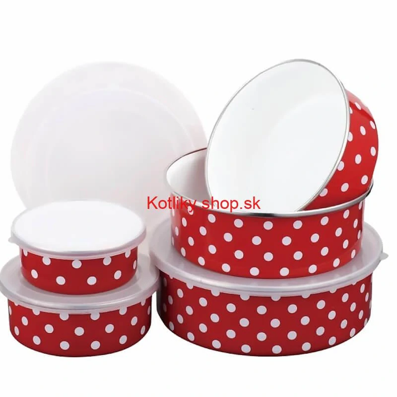 Smaltovaná sada 5 úložných dóz s bodkami