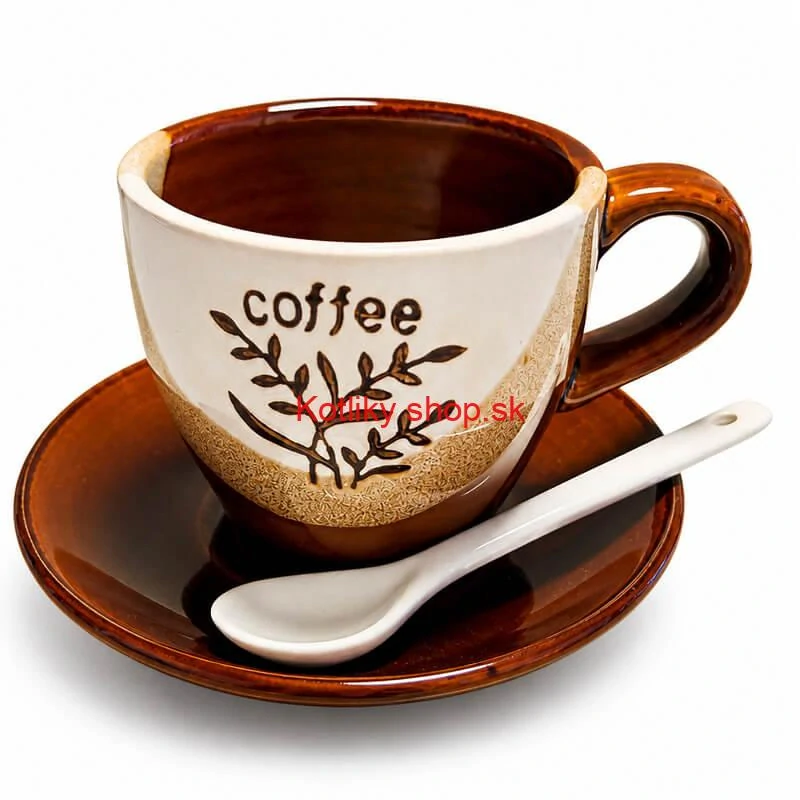 Keramický pohár na kávu 100 ml s podšálkou a lyžičkou COFFEE