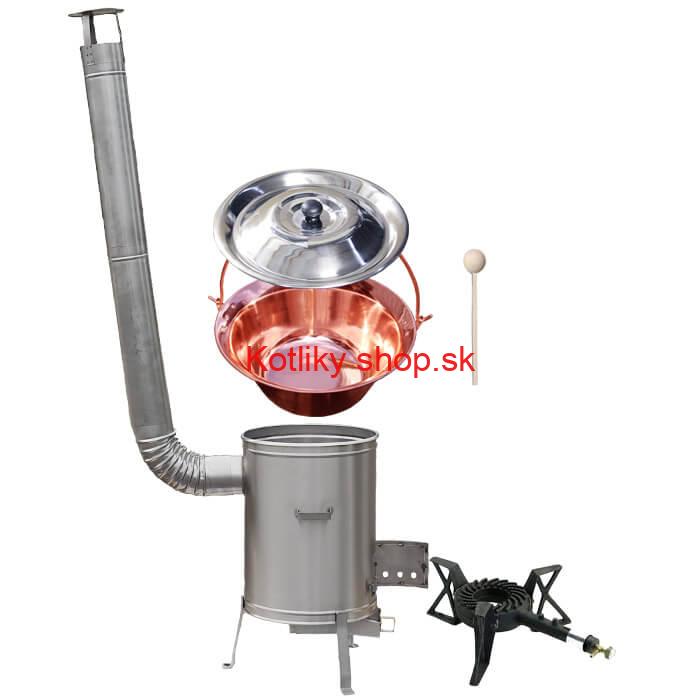 Medený kotlík 10 L (1,2 mm) + nerezová kotlina 36 cm + liatinový horák 7 kW, vareška LUX