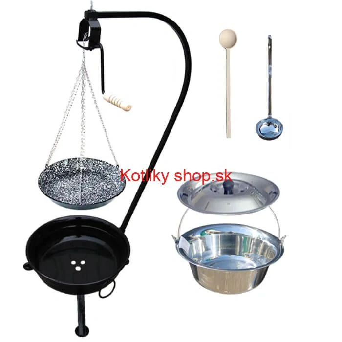 Nerezový kotlík 10 L (0,8 mm) INOX + smaltovaná panvica + ohnisko so stojanom a s poistnou kladkou VAR