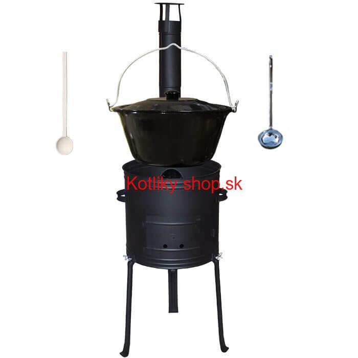 Smaltovaný kotlík 30 L + kovová kotlina s vysokými nožičkami 42 cm + vareška a naberačka