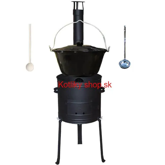 Smaltovaný kotlík 20 L + kovová kotlina s vysokými nožičkami 42 cm, žiaruvzdorná farba Plus 700 + vareška a naberačka