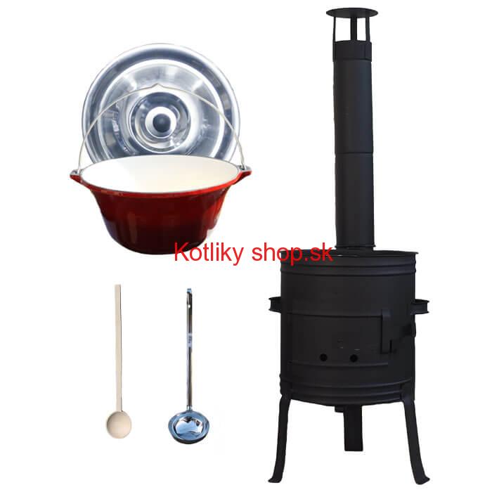 Liatinový kotlík 10 L so smaltovanou úpravou + nízka žiaruvzdorná kotlina 33 cm PLUS 700 + vareška a naberačka